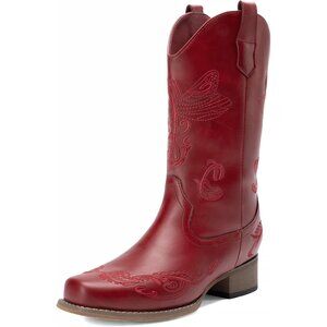 👉 Women Red Cowboy Cowgirl Boots Pull On Low Chunky Heel Mid Calf Western Boots